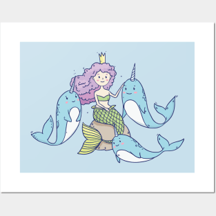 Fairy Little Mermaid and Narwhals Posters and Art